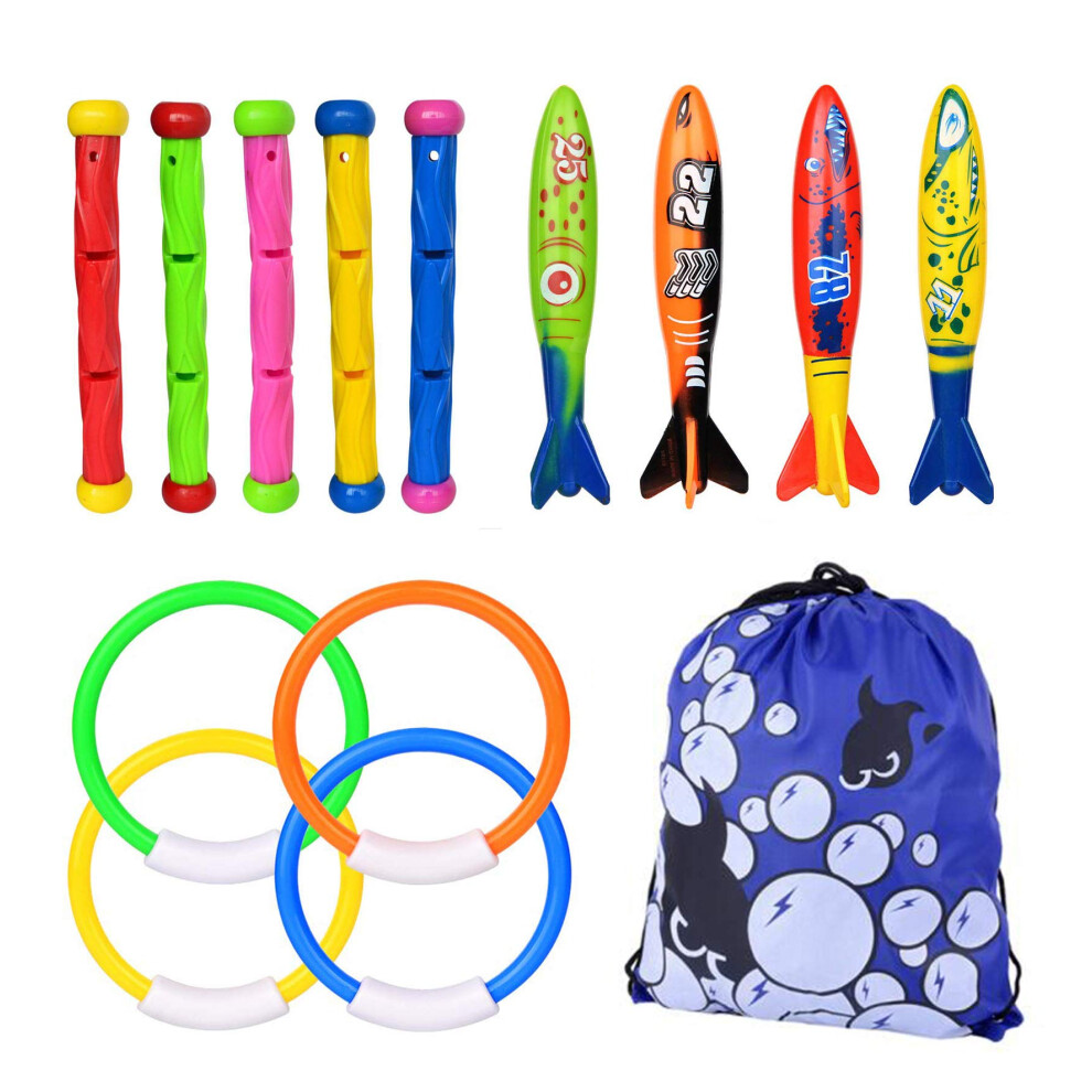 Diving Pool Toys, Sinkies for Kids Swimming Underwater Diving Toys Set Includes 5 Pcs Diving Sticks, 4 Pcs Torpedo Bandits, 4 Pcs Diving Rings, Fun
