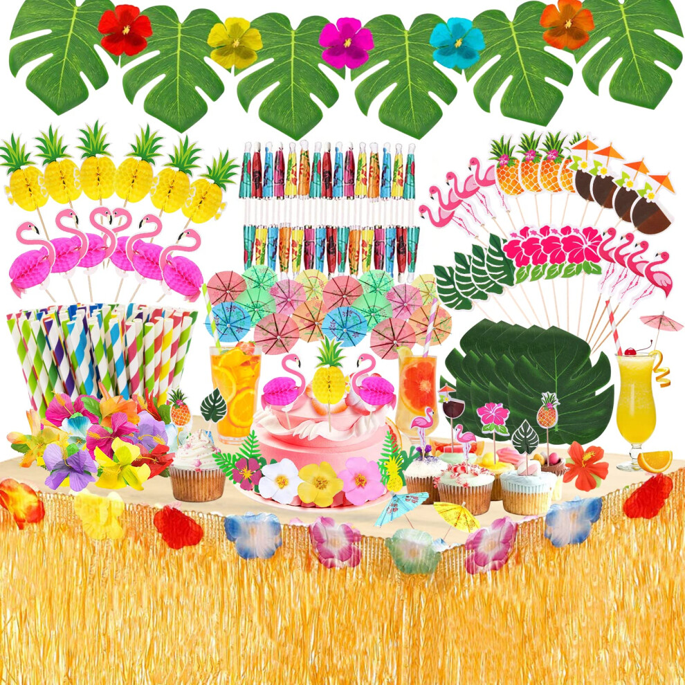 185PCS Hawaiian Tropical Party Decorations Hawaiian Luau Grass Table Skirt Set Hawaiian Party Accessories for Jungle Beach Summer Tiki Tropical Luau