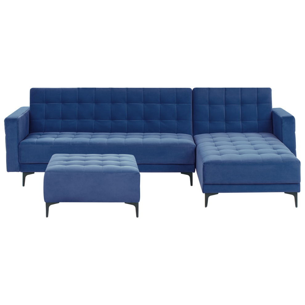 Left Hand Velvet Corner Sofa with Ottoman Blue ABERDEEN