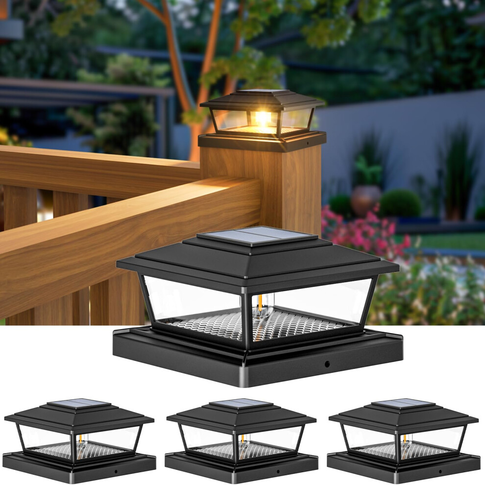 4 Pack Solar Post Lights Outdoor Garden, 2 Modes Solar Fence Post Cap Lamp Waterproof, Square Post Lights Solar Powered Fit 4x4 5x5 6x6 Wooden Vinyl
