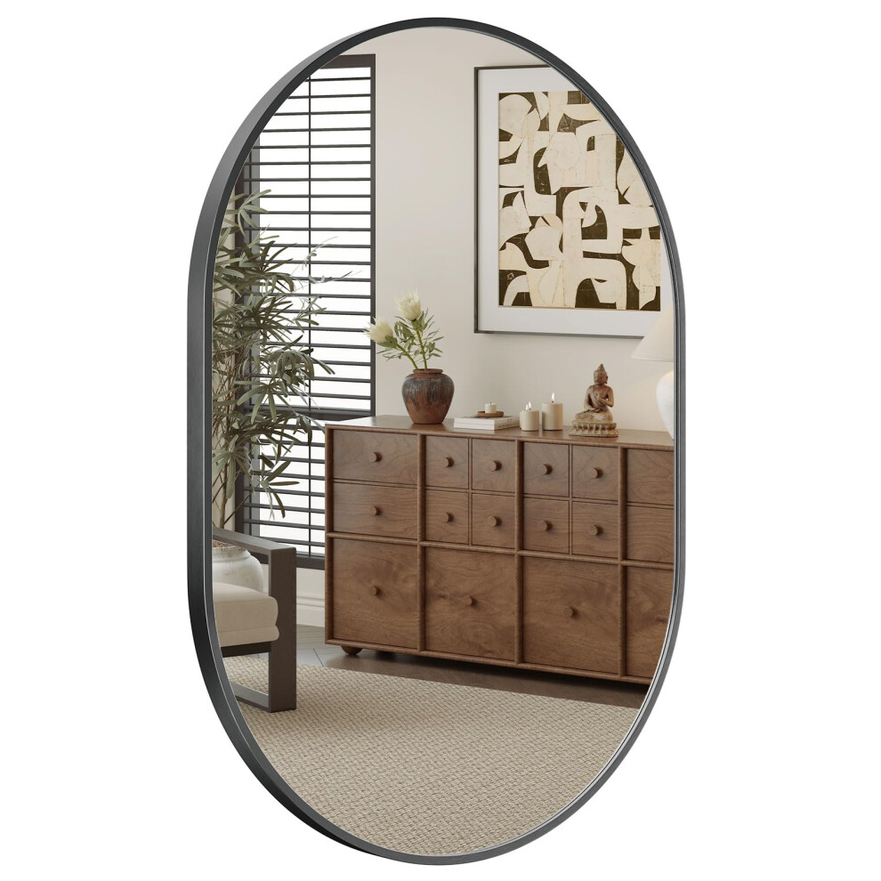 50 x 70cm Oval Mirror, Wall Mounted Bathroom Mirror, Horizontal or Vertical Hanging Wall Mirror for Living Room, Bedroom, Entryway, Black