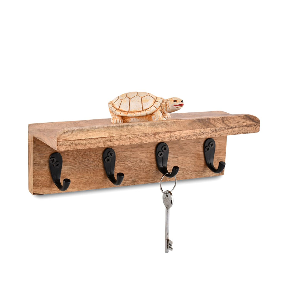 Acacia Wood Rustic Key Holder for Wall, Farmhouse Wall Shelf with 4 Hooks for Entryway Farmhouse Kitchen (25.4cm x 8.89cm x 8.89cm)
