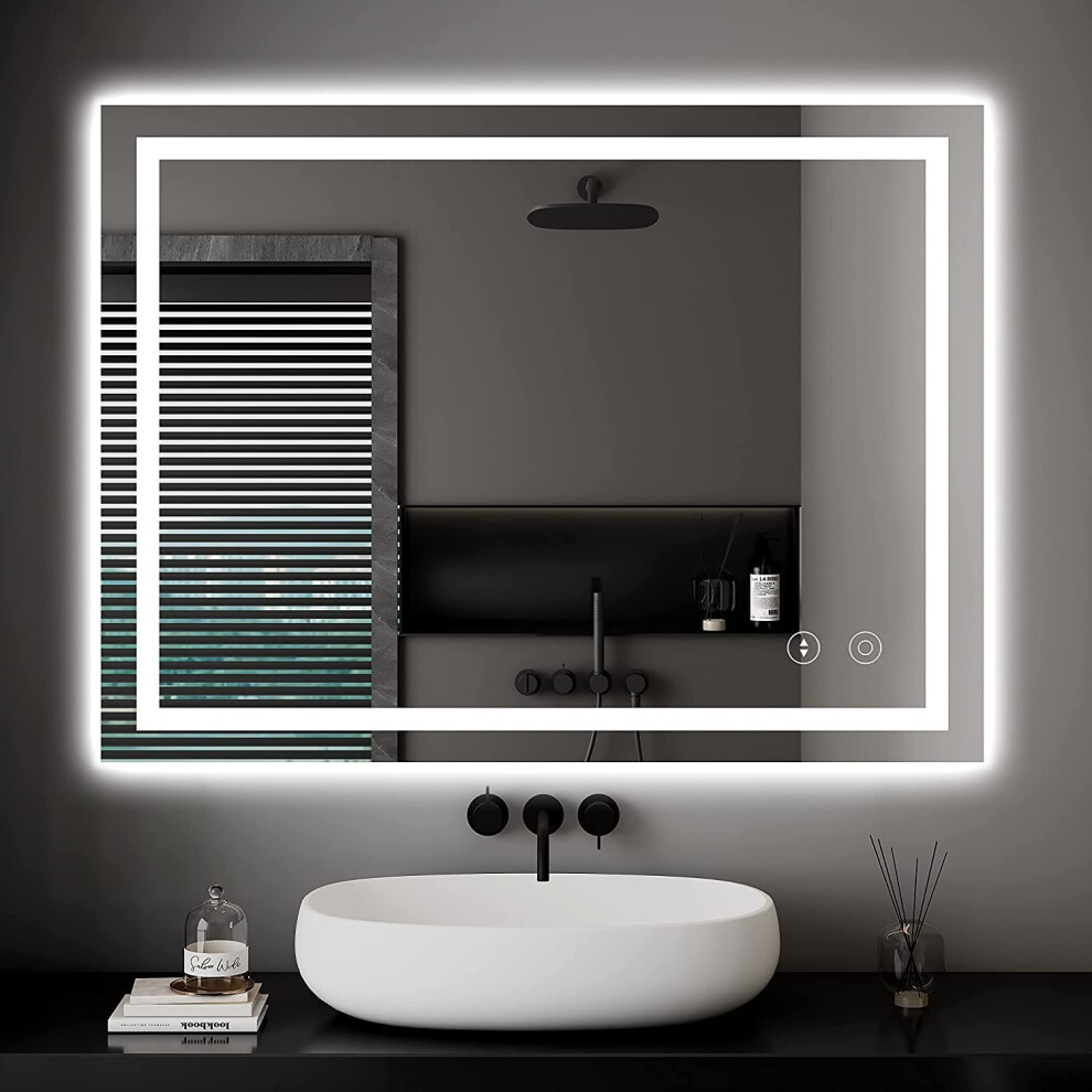 Bathroom Mirror with LED Lights, 500 * 700 MM Illuminated Backlit Wall Mounted Vanity Mirror Dimmable Switch 3 Colors and Demister Pad,