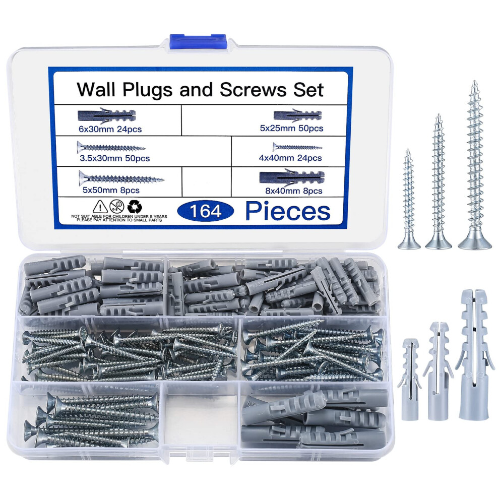 164 Pcs Screws And Wall Plugs Set(82 X Wall Raw Plugs, 82 X Plasterboard Fixings Screws), Masonry Brick Concrete Wall Fixings Self Drilling Screws And 5013400889507