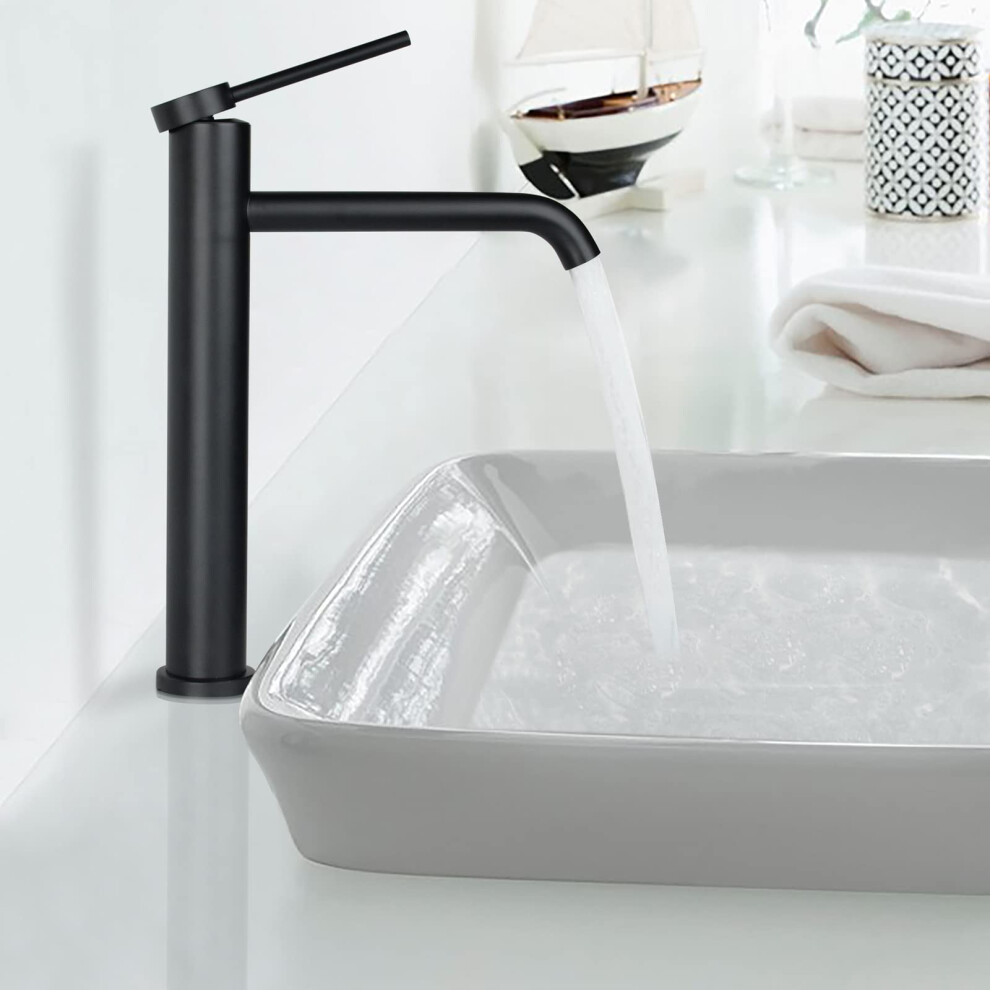 Tall Black Basin Tap High Rise Bathroom Faucet Round Mono Mixer Basin Tap Matt Black PTMP01B