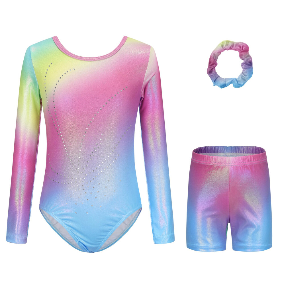 Gymnastics Leotards for Girls Long Sleeve/Sleeveless Rainbow Gradient Sparkle Ballet Dance Gymnastics Athletic Outfit for Kids 5-12 Years