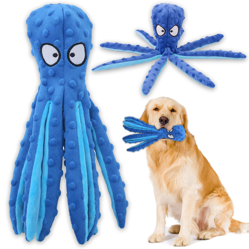 Squeaky Dog Interactive Play Toy,No Stuffing Octopus Dog Chew Toy with Crinkle Paper for Medium and Large Dog Playing(Blue)