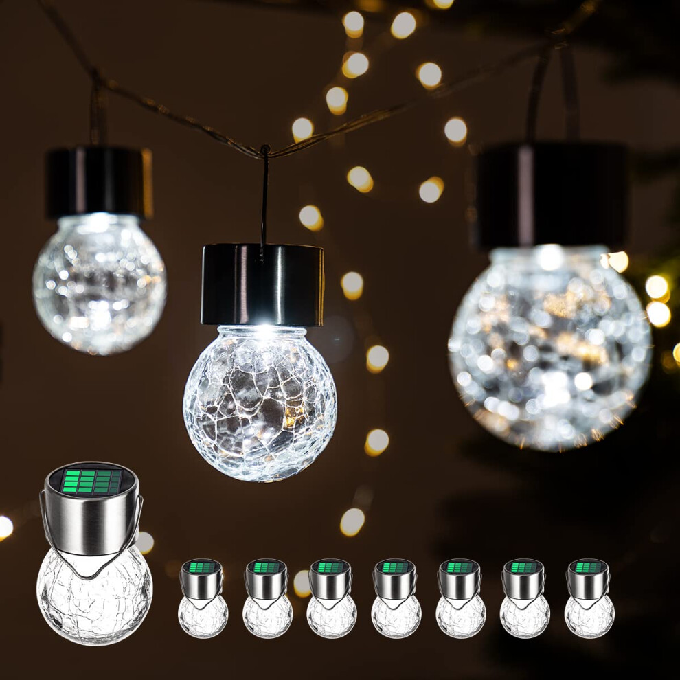 Hanging Solar Lights, 8 Pack Solar Hanging Lights Outdoor, Crackle Glass Decorative Outdoor Globe Lights, Waterproof Solar Lanterns with Handle for
