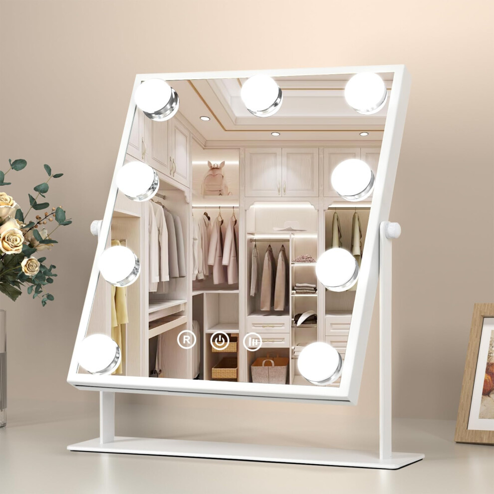 Makeup Mirror with Lights, Hollywood Vanity Mirror with 3 Colors Lighting Modes, Touch Control, 360Ratation, Dimmable 9 LED Bulbs Lighted Makeup