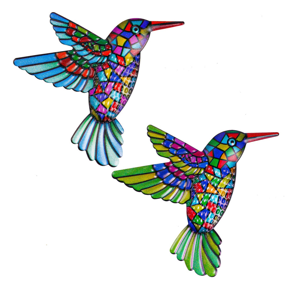 Metal Hummingbird Wall Decor, 2 Pack Metal Hummingbird Wall Art Decor, Wrought Iron Colorful Hummingbird Wall Sculptures, Outdoor Garden Fence
