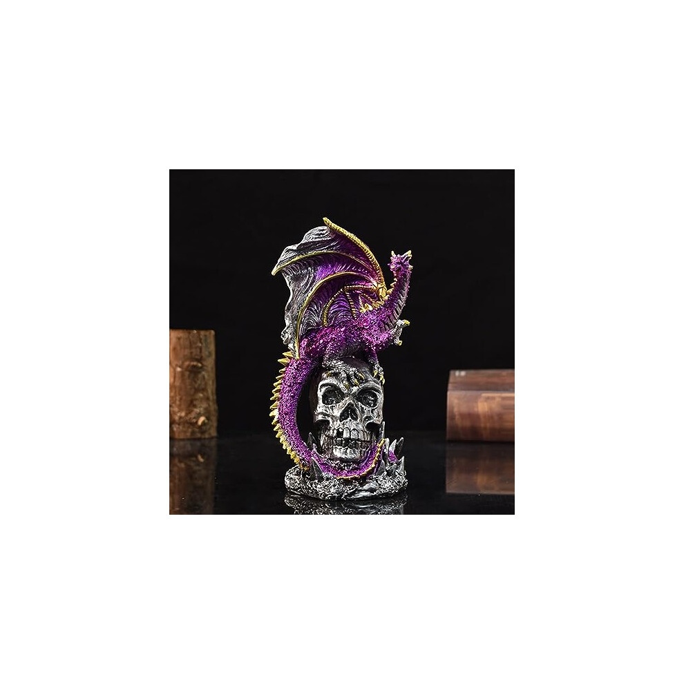 Skull Figurine Resin Black - Purple Dragon Skeleton Sculpture Statue - Halloween Decoration Gothic Ornament - Home Office Desktop Decor 20cm -