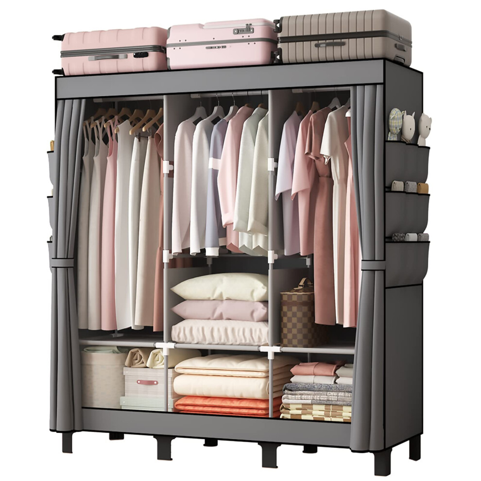 Canvas Wardrobe 172 130 45cm for Bedroom Wardrobes with 2 Hanging Rails and 18 Side Bags Fabric Closet Folding Wardrobe