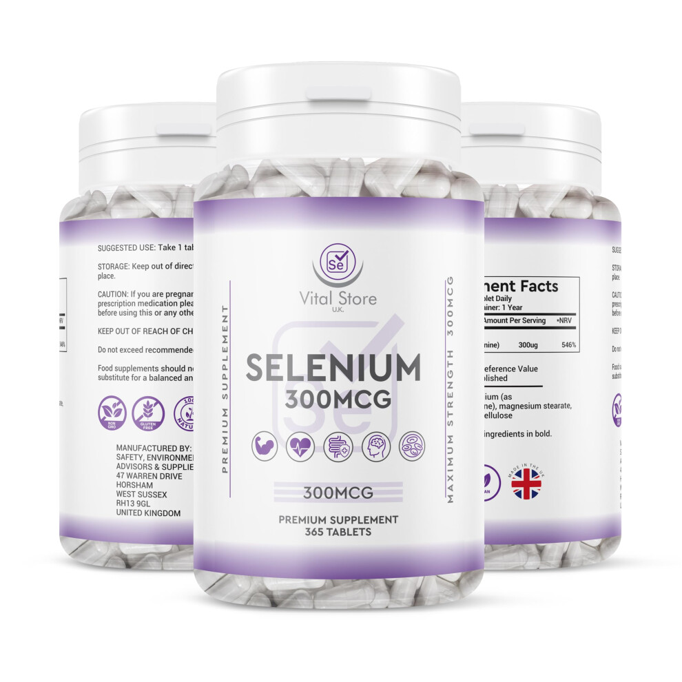 Selenium 300MCG - 1 Year Supply 365 Tablets - Antioxidant, Immune Support Vegan Selenium Supplement