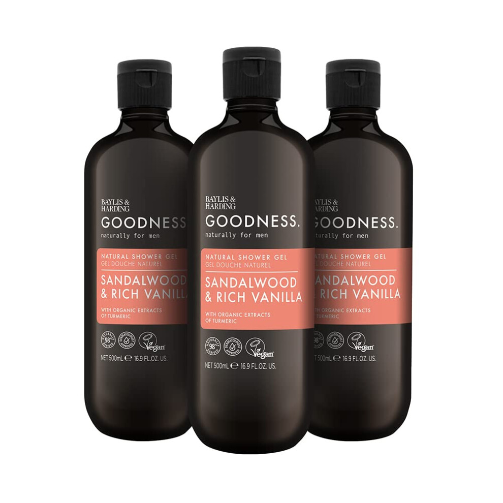 Goodness Men's Sandalwood & Vanilla Natural Shower Gel, 500 ml (Pack Of 3) - Vegan Friendly