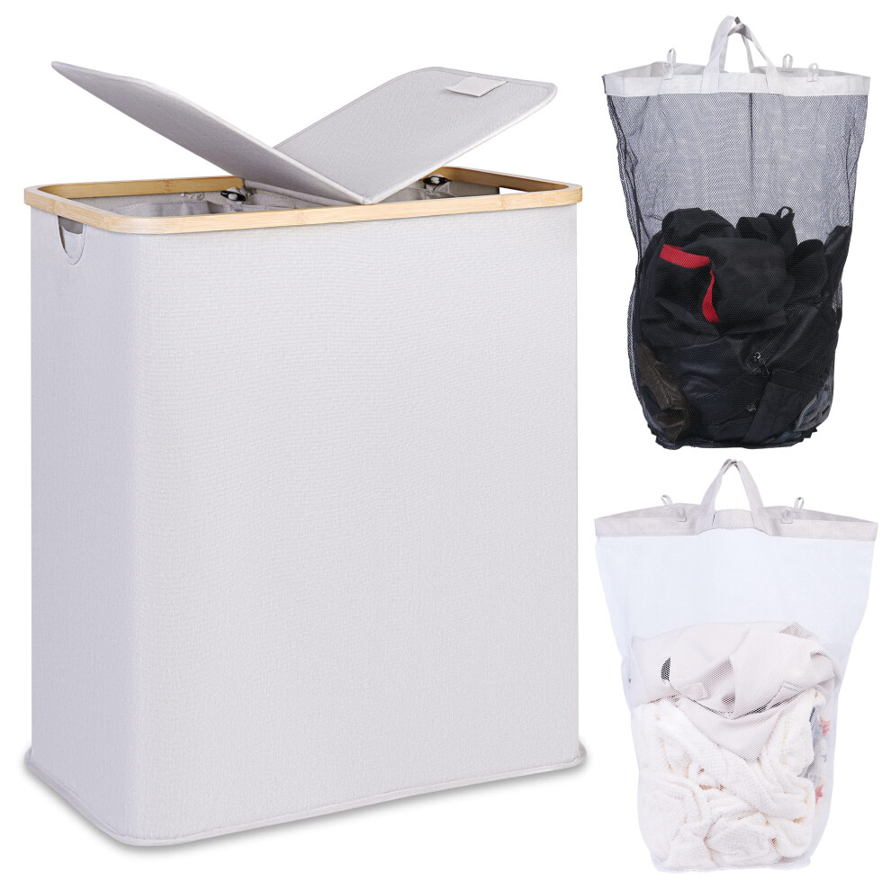140L Laundry Baskets with Lid 2 Compartments, Large Laundry Hamper for Laundry, Double Laundry Basket Laundry Storage with 2 Removable Laundry Bags,