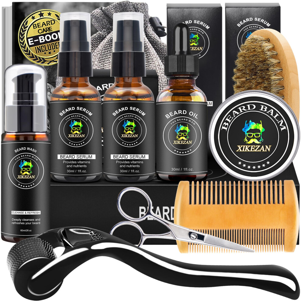 Beard Growth Kit w/Beard Wash,2 Pack Beard Serum,Beard Oil,Beard Balm,Comb,Brush,Scissor,Bag,EBook,Beard Care Grooming Kit Birthday Gifts for Men Him