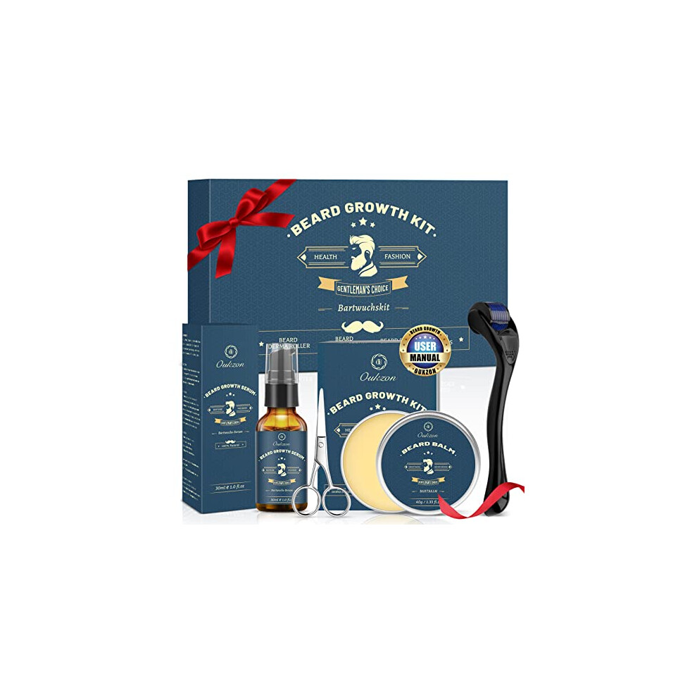 Oukzon Beard Growth Kit - Beard Roller For Growth, Beard Grooming Kit For Men, Beard Growth Oil, Beard Balm, Shaving Scissors, Birthday Gifts For Men,