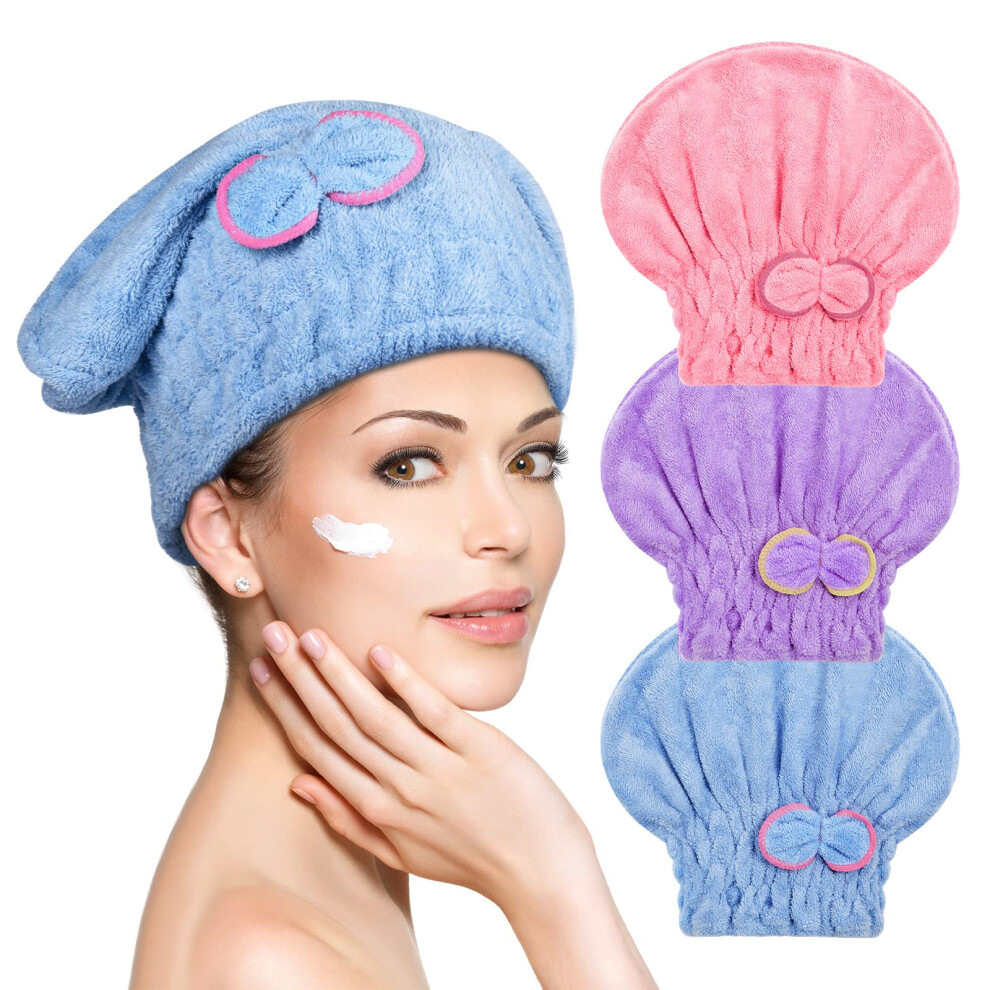 Hair Turban Towel, 3 Pack Ultra Absorbent Hair Dry Cap Bowknot Hair Turban Towel, Soft Microfiber Hair Drying Towels Fast Dry Bath Head Wrap for Women