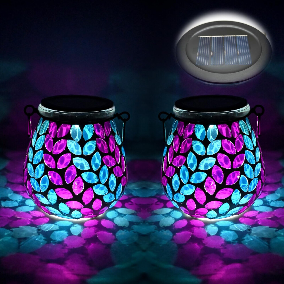 2PCS Oval Solar Mosaic Lights Outdoor, On/Off Glass Hanging Solar Mosaic Lanterns Lights IP65 Waterproof for Table Lawn Path Courtyard Deck Fence,