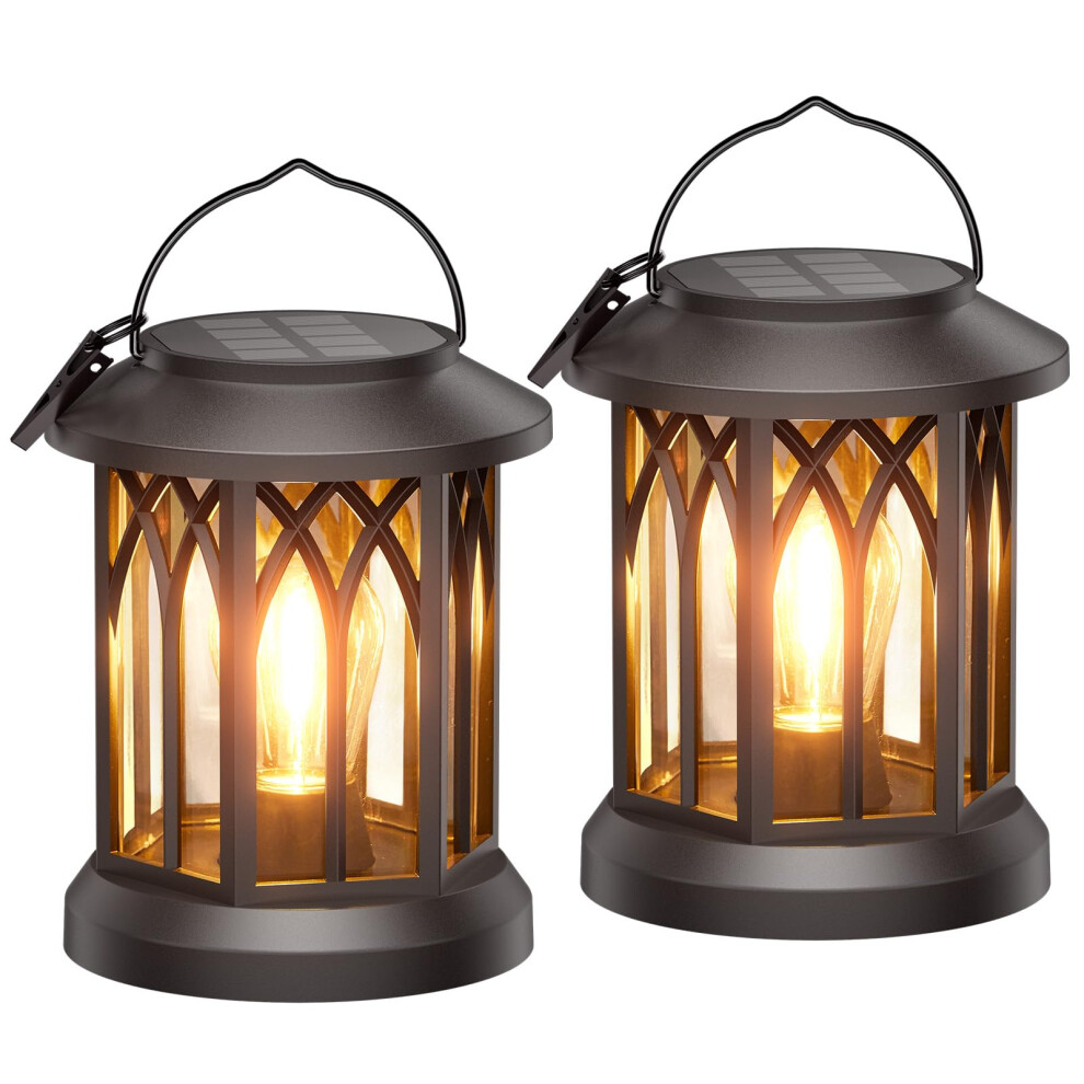 Solar Lights Outdoor Garden, 2 Pack Hanging Solar Lanterns with LED Bulds, Waterproof Garden Ornaments Outdoor Lantern Lights for Decoration Yard