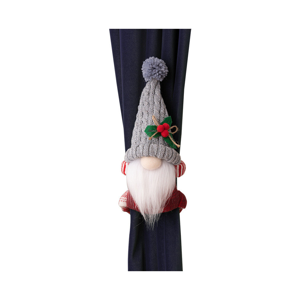 (Gray Curtain Tie)Rideaux de vacances festifs avec motif gnome tricoté rouge et gris