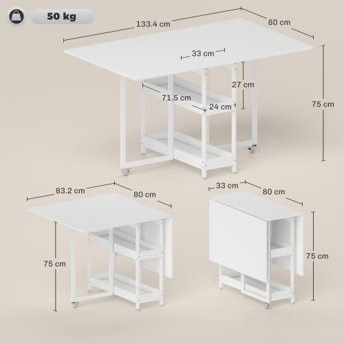 Homcom HOMCOM Folding Dining Table, Drop Leaf Table with Open Compartments, White 2