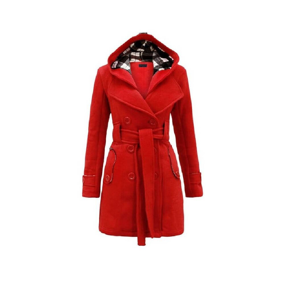 (Red,M)Manteau femme à carreaux à capuche ceinturé hiver long boutonné polaire veste vêtements