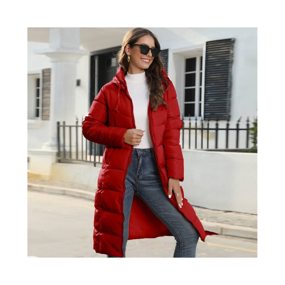 (Red,XL)Veste matelassée chaude rembourrée hiver femme long manteau parka matelassé