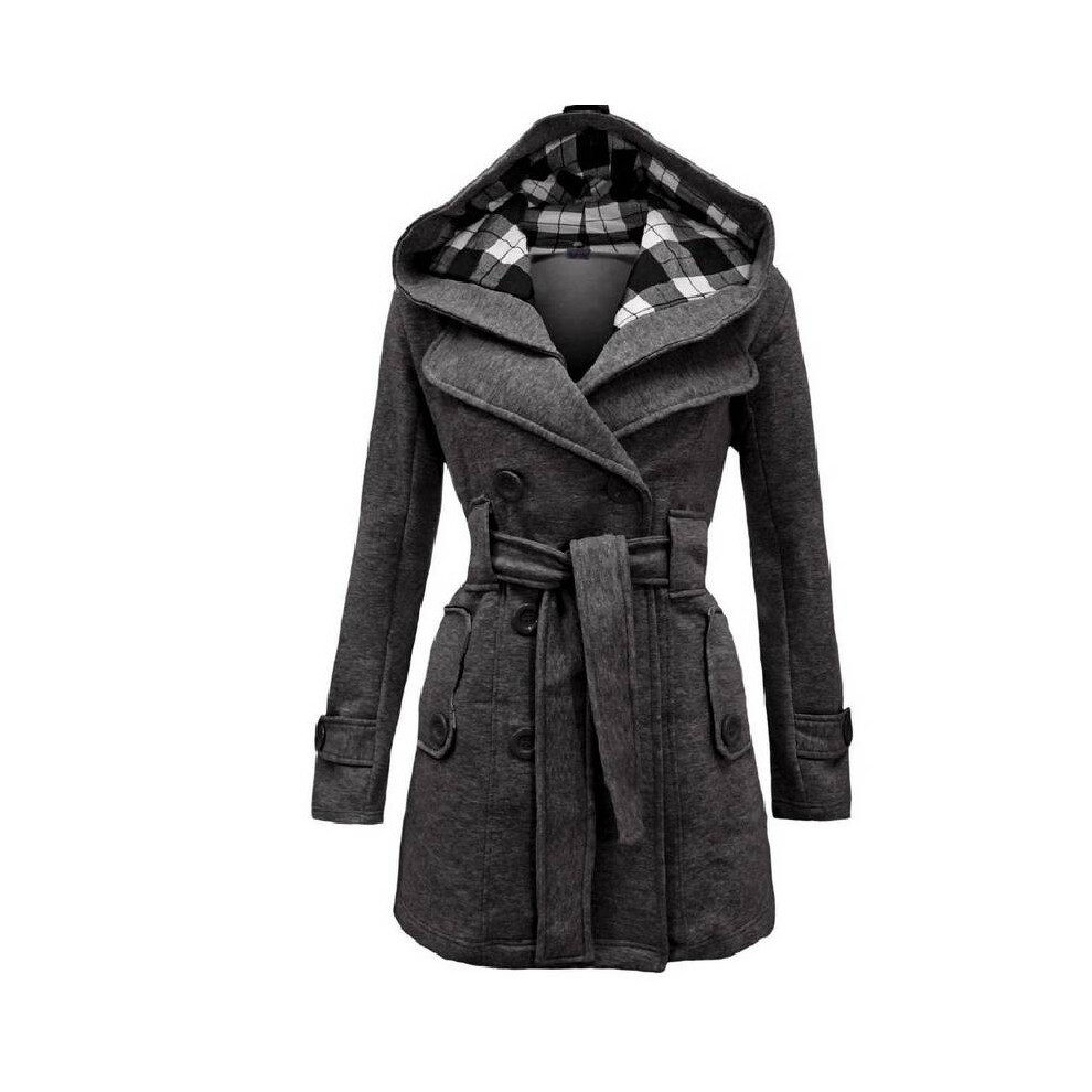 (Dark Grey,S)Manteau femme à carreaux à capuche ceinturé hiver long boutonné polaire veste vêtements