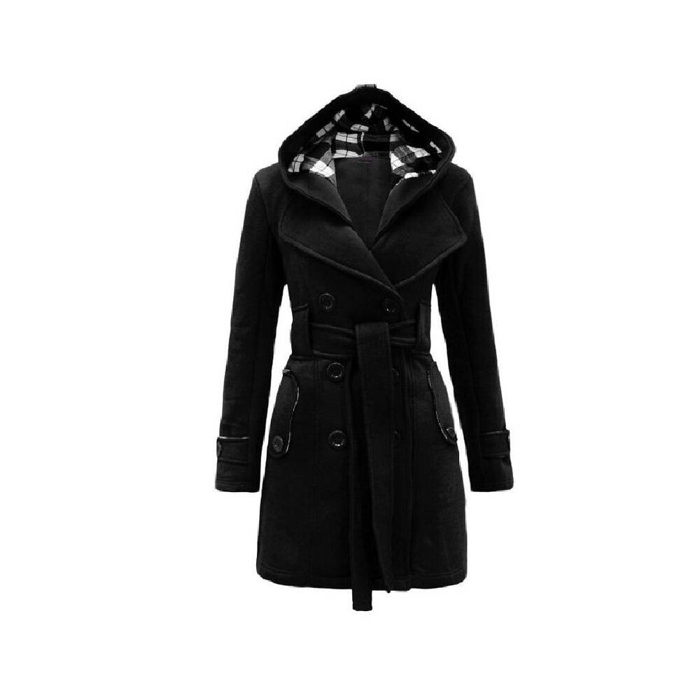 (Black,M)Manteau femme à carreaux à capuche ceinturé hiver long boutonné polaire vêtements veste