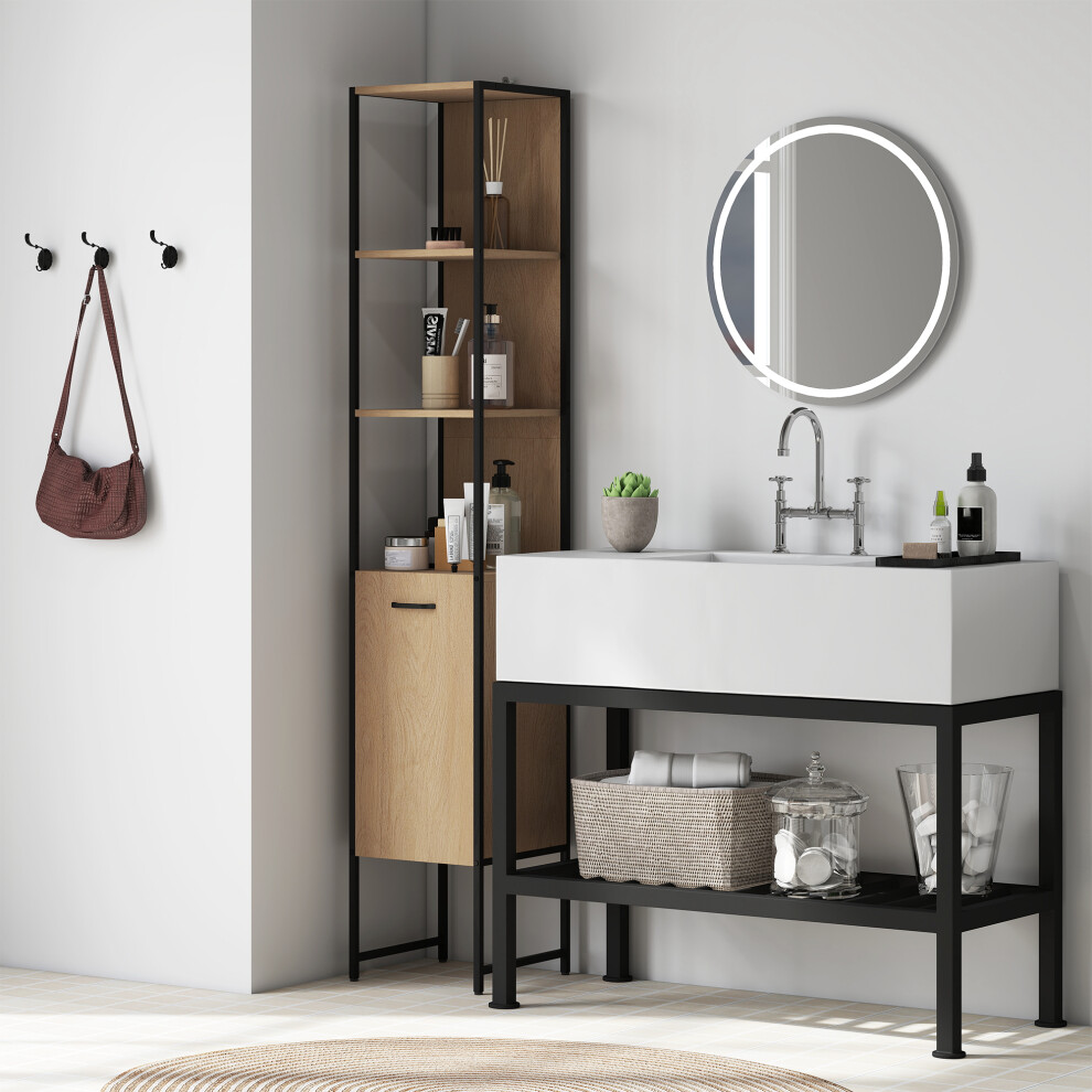 HOMCOM Tall Bathroom Cabinet with 3 Open Shelves Adjustable Shelf, Natural
