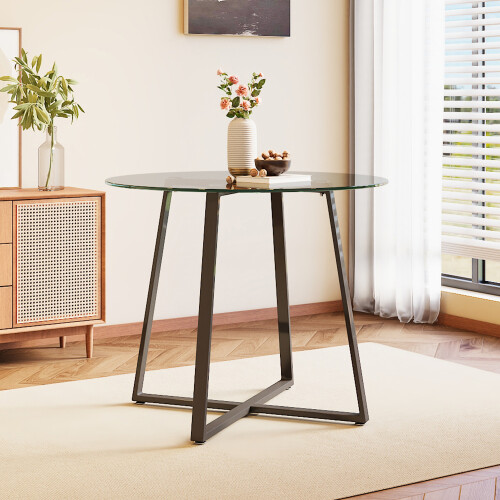 Living And Home Modern Round Dining Table with Tempered Glass Top