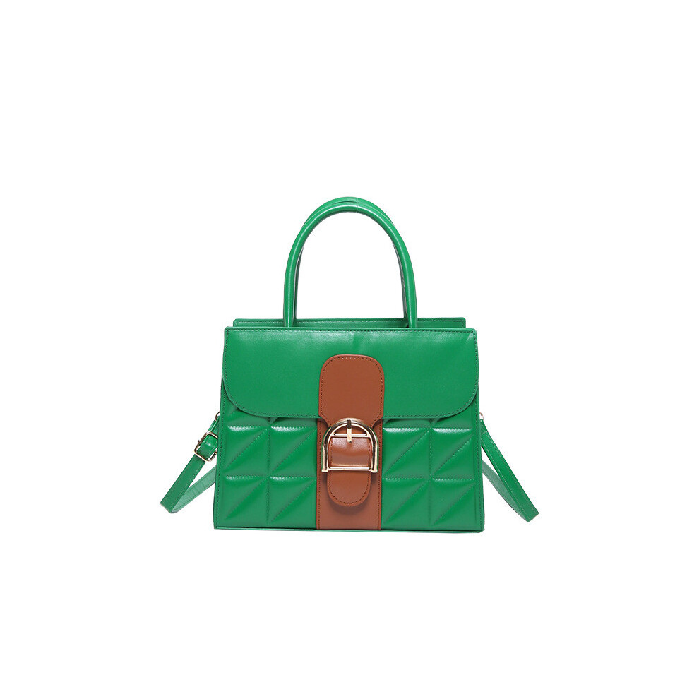(Green)Élégant petit sac à main carré PU urbain minimaliste pour femme avec motif bloc de couleur et plaid imprimé