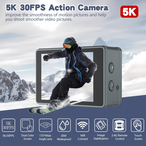 5K 30FPS Action Camera - 48MP, EIS, Dual Screen, WiFi, 32GB, Mount Kit 1