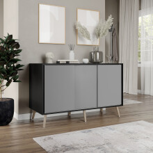 ( Black Carcass + Grey Doors , Beech legs) 3-Door Sliding Cabinet Sideboard Storage Organiser Home Cupboard on Wooden Legs