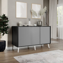 ( Black Carcass + Grey Doors , White legs) 3-Door Sliding Cabinet Sideboard Storage Organiser Home Cupboard on Wooden Legs