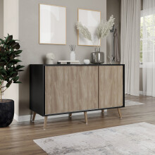 ( Black Carcass + Oak Doors , Pine legs) 3-Door Sliding Cabinet Sideboard Storage Organiser Home Cupboard on Wooden Legs