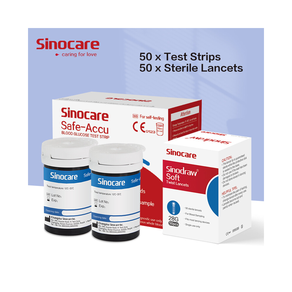 Sinocare 50x Accu Test Strips Lancets for Blood Glucose Sugar Monitor Diabetes