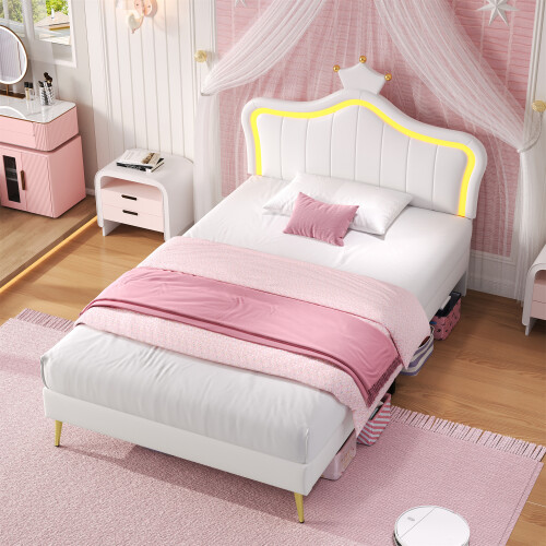 (3ft Single) Cream White Upholstered Bed with LED Adjustable Crown Shape Headboard 2