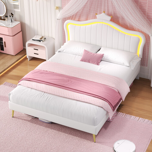 (4ft6 Double) Cream White Upholstered Bed with LED Adjustable Crown Shape Headboard 2
