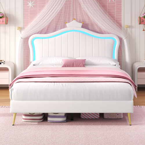(4ft6 Double) Cream White Upholstered Bed with LED Adjustable Crown Shape Headboard 1