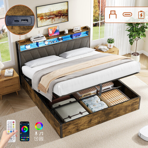 (5ft King Bed) Double Upholstered Bed Frame with Hydraulic Storage