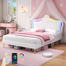 (4ft6 Double) Cream White Upholstered Bed with LED Adjustable Crown Shape Headboard