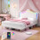 (4ft6 Double) Cream White Upholstered Bed with LED Adjustable Crown Shape Headboard 1