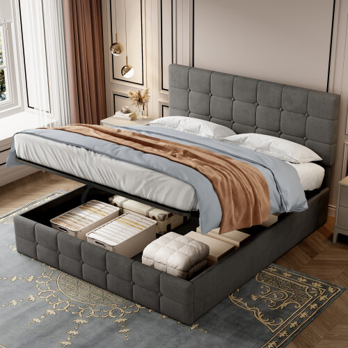(Grey) 4ft6 Double Upholstered Storage Bed Frame