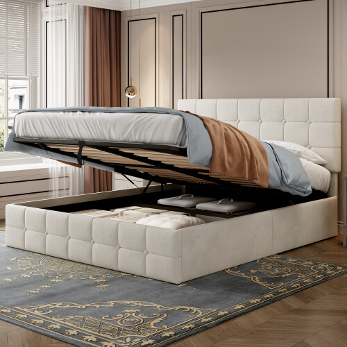 (Beige) 4ft6 Double Upholstered Storage Bed Frame 1