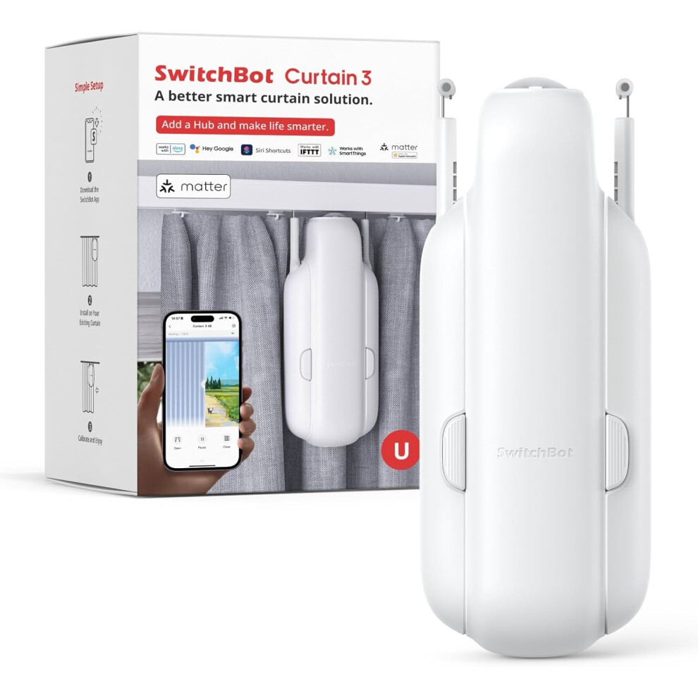 Smart Automatic Curtain Opener - Bluetooth Remote Control With App/Timer, Upgraded Performance Motor, Add Switchbot Hub To Make It Work With Alexa White