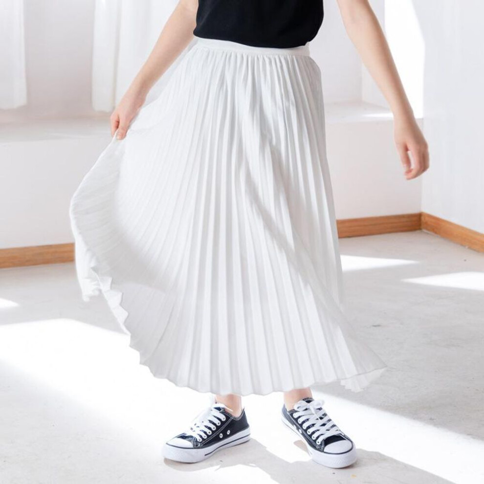 (white, 160cm) Summer 2024 Girls Long Pleated Skirt Solid Casual All-match Skirt For Kids 12 13 14 Years Trendy Teens Students Children Skirts