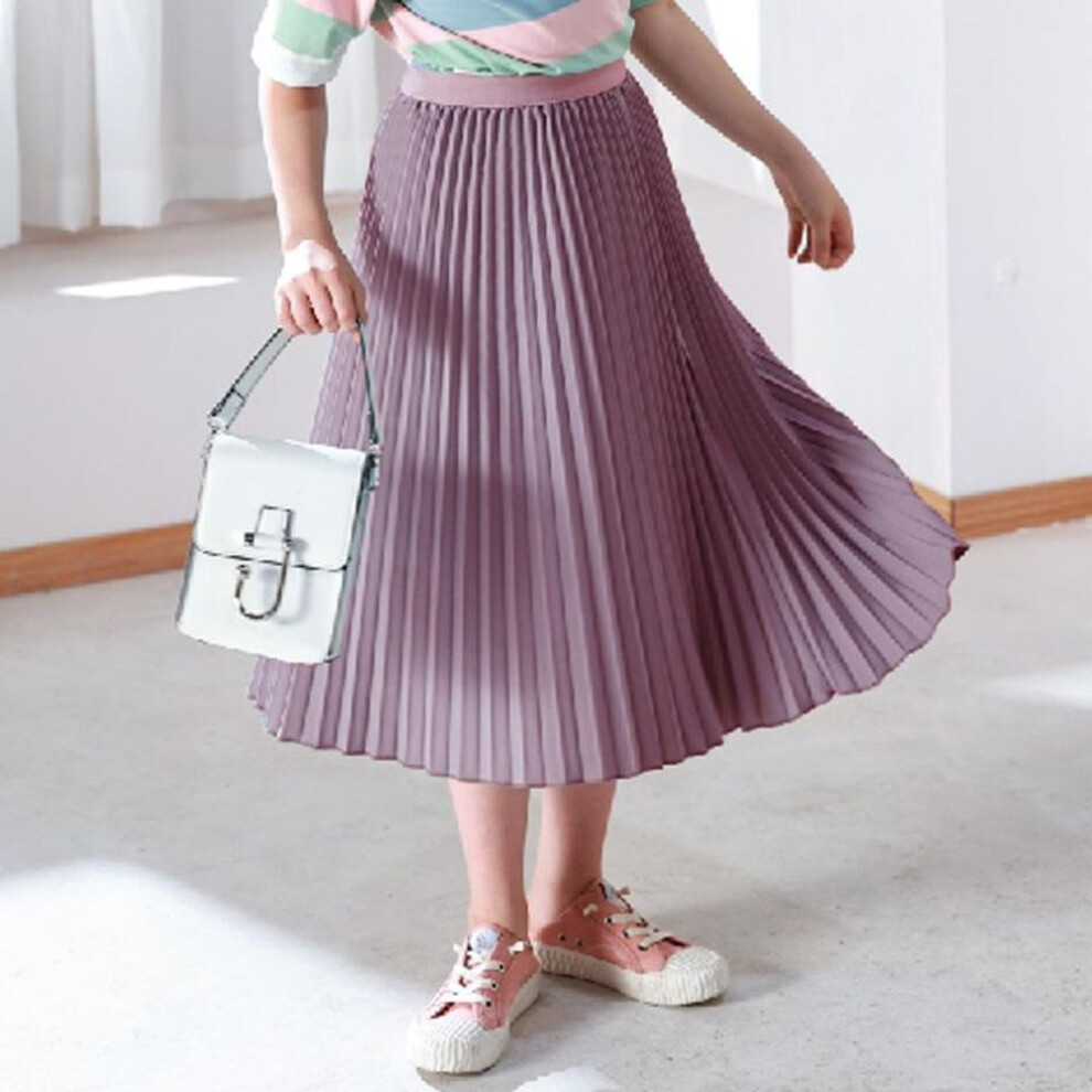 (purple, 150cm) Summer 2024 Girls Long Pleated Skirt Solid Casual All-match Skirt For Kids 12 13 14 Years Trendy Teens Students Children Skirts