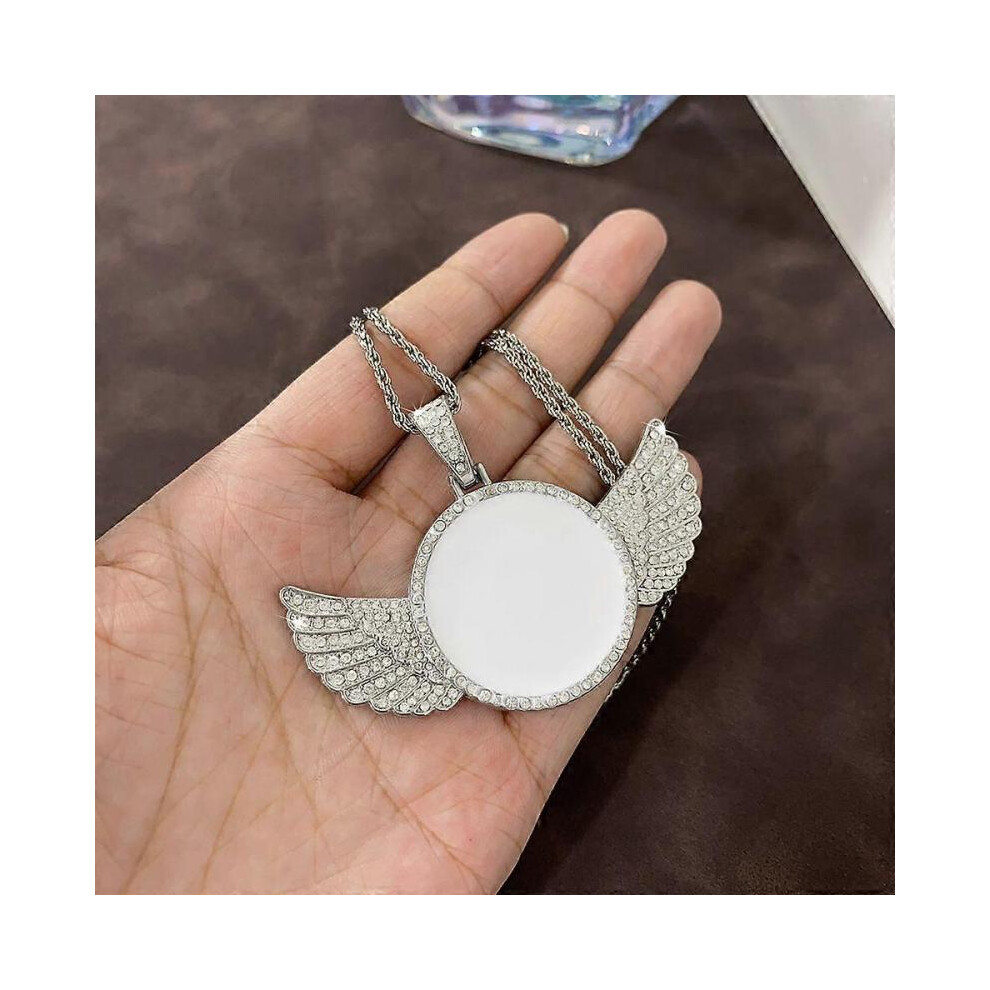 (Steel Color) Hip Hop Wings Photo Necklace Personality Map D Solid Photo Frame Zircon Necklace